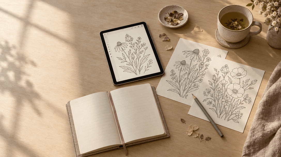 A sunlit desk with a botanical coloring page, journal, pencils, and herbal tea